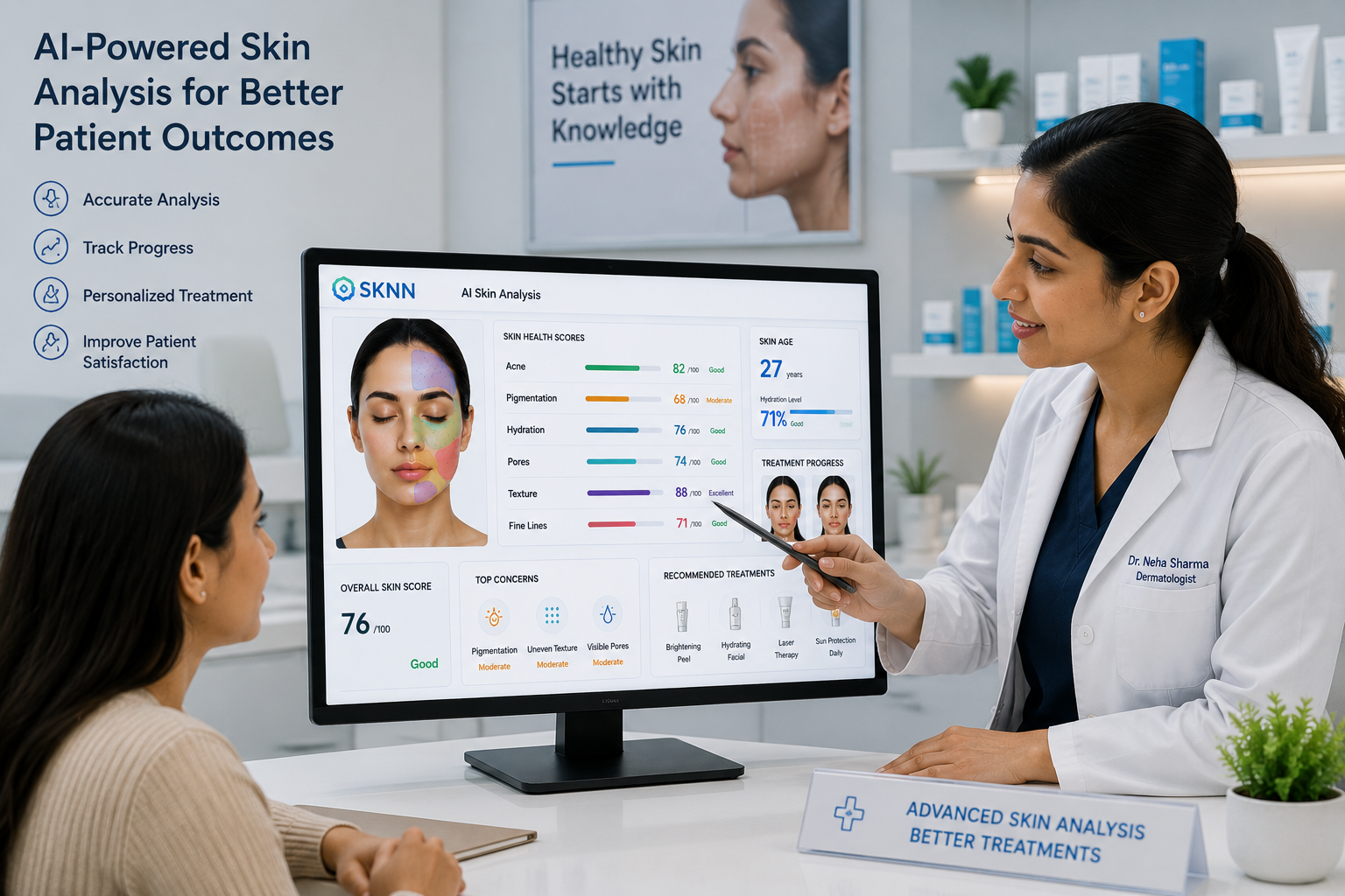Dermatologist showing client skin score progress metrics over time.