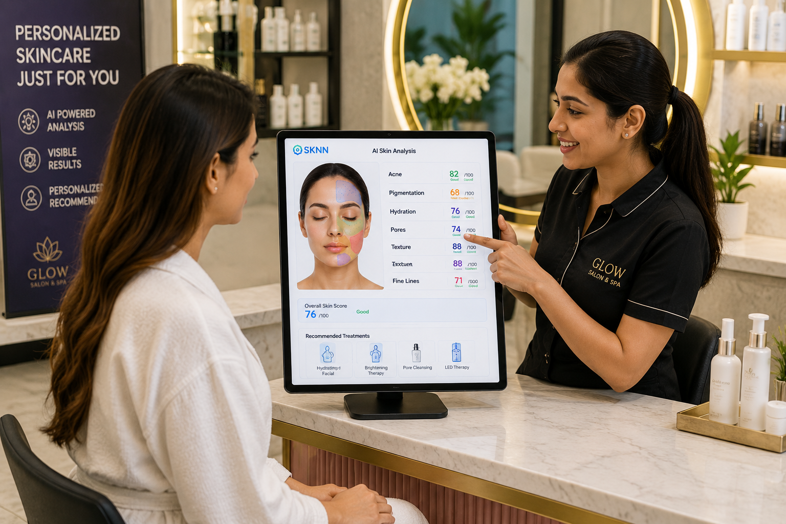 Client capturing a selfie for skin analysis using a tablet device in a salon.