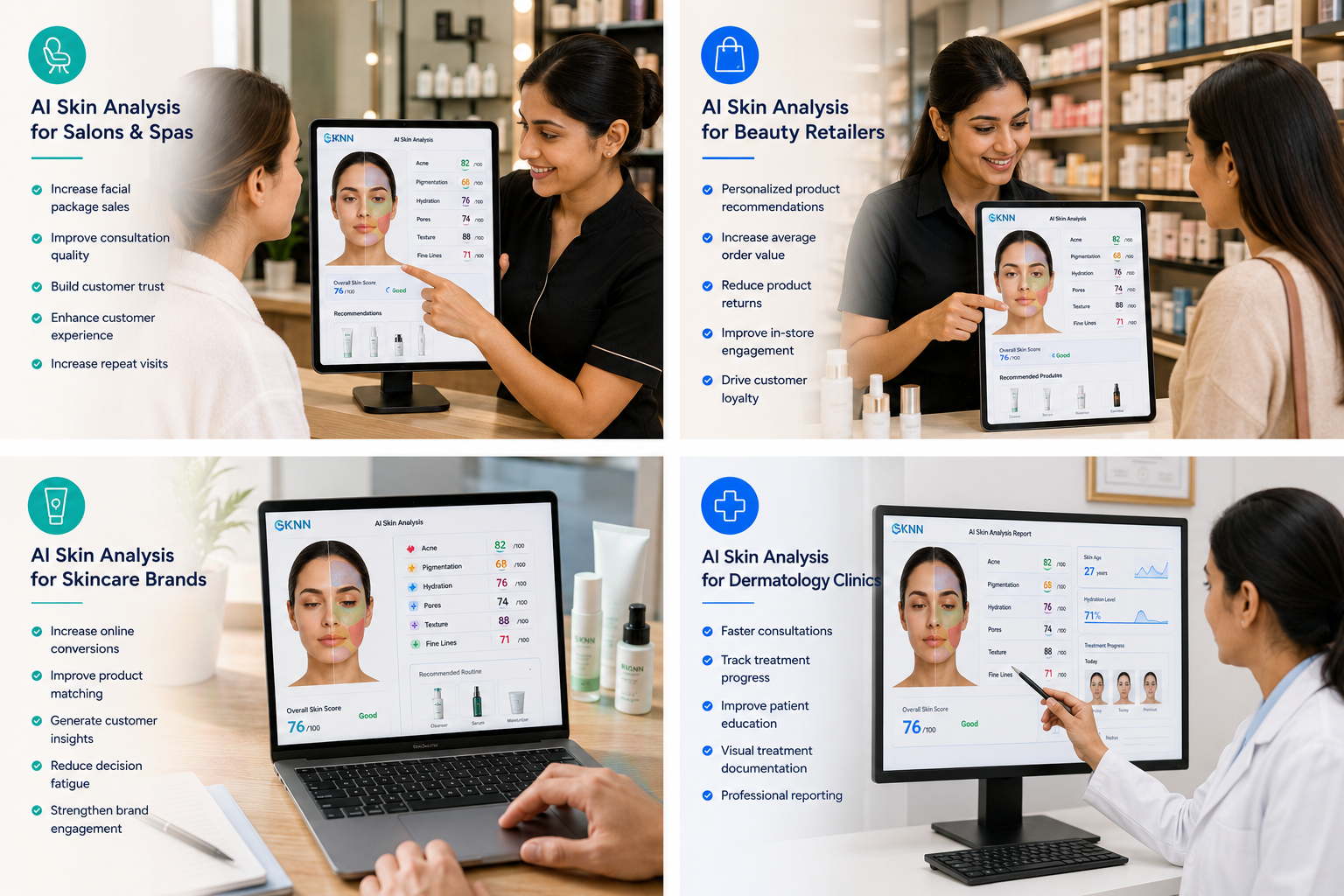 SKNN AI Skin Analysis Dashboard Interface detailing hydration score, pores index, acne levels, and texture evaluation.