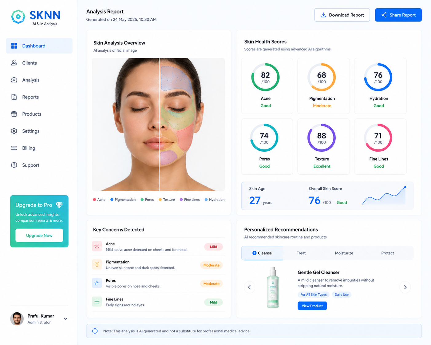 Detailed graphic showing the AI skin scanner highlighting face overlay parameters.