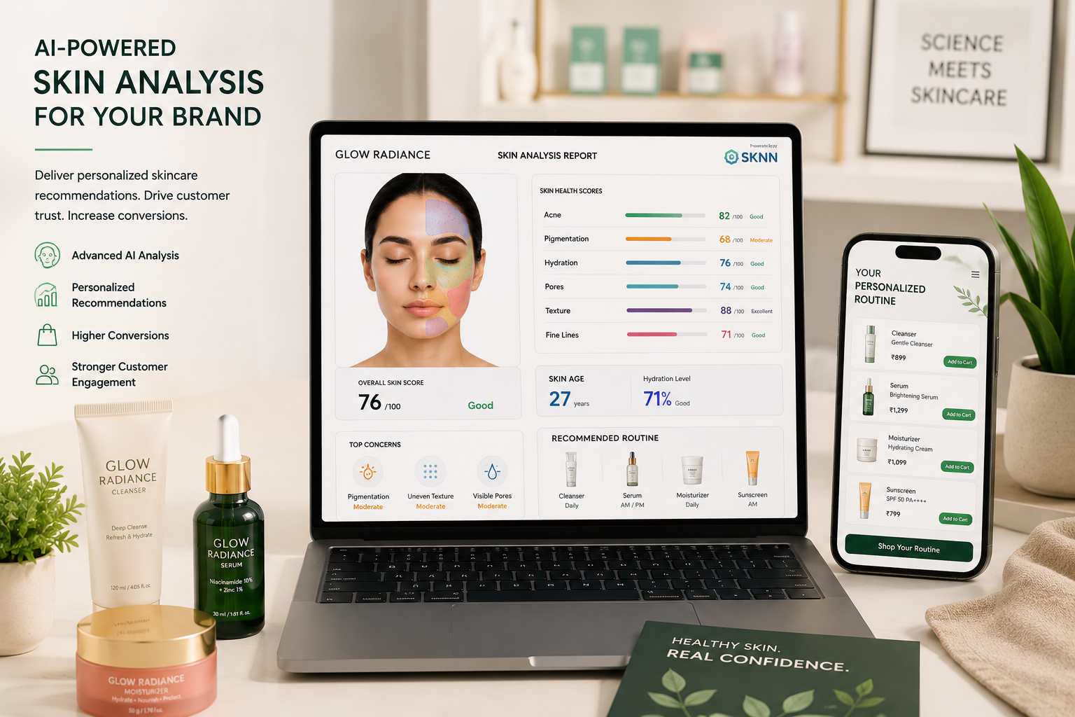 Client looking at personalized skincare products recommended by the dashboard.